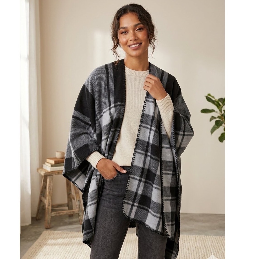 Black and Grey Plaid Open Front Poncho Wrap with Whipstitch Trim